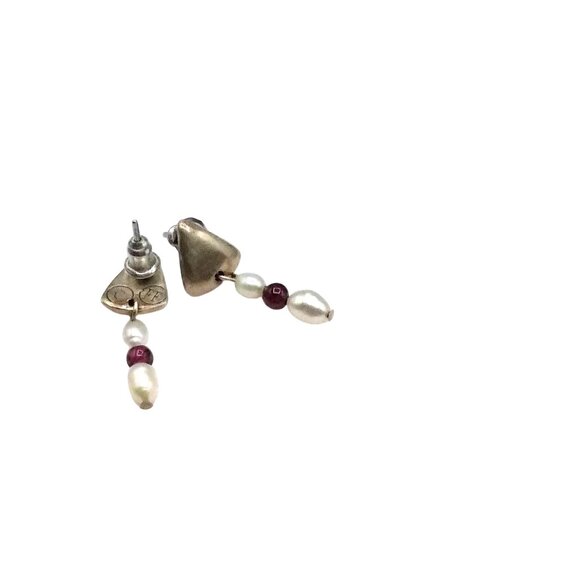 Vintage C FF Sterling Silver Drop Earrings with Rice Pearls and Garnet Beads - Picture 4 of 4